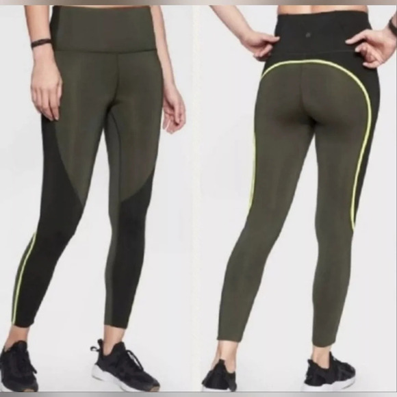 ATHLETA SPAR COLORBLOCK BLACK OLIVE NEON 7/8 TIGHT SIZE Medium - Picture 1 of 9